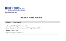HEP obavijest - Bez struje na dan: 26.6.2026.